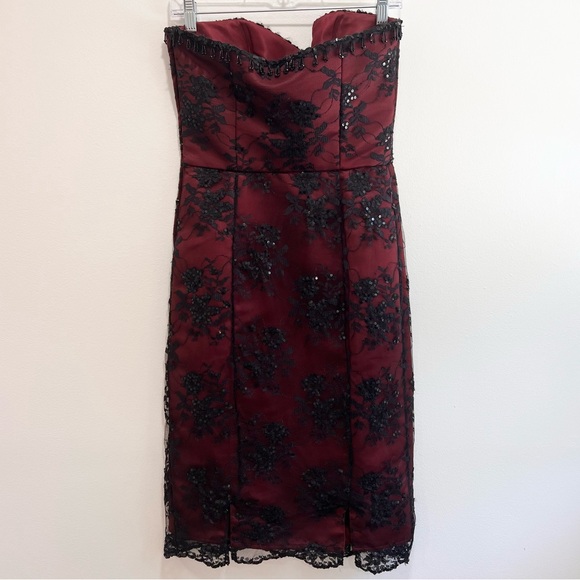 Betsy Johnson Evening Vintage Strapless Mini Dress Red Black Lace Bead Sequin, 6 - Picture 5 of 14